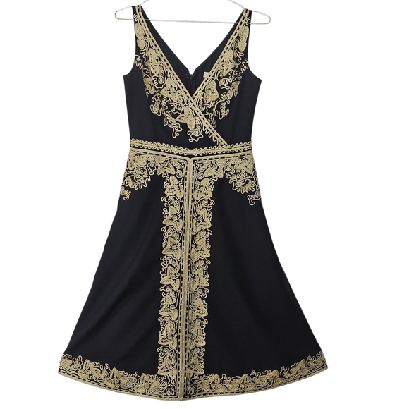 Antropology Beth Bowley Black Dress with Gold Detailing Onamentation Wool Boho